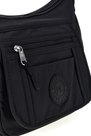 Borsa a tracolla nera in tessuto multitasche con logo frontale First lady ALI 8147