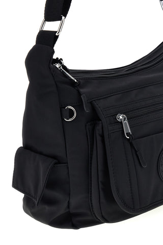 Borsa a tracolla nera in tessuto multitasche con logo frontale First lady ALI 8147