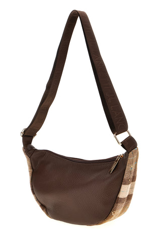 Borsa a tracolla marrone a mezzaluna con inserti a quadri Lancetti LL26W-401-1