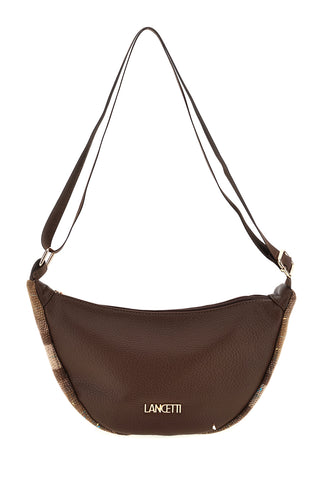 Borsa a tracolla marrone a mezzaluna con inserti a quadri Lancetti LL26W-401-1