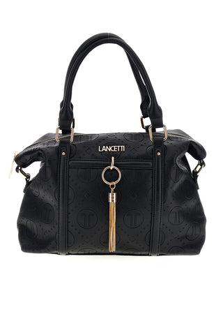 Borsa a mano nera con motivo logato e charm dorato Lancetti LL26W-101-2