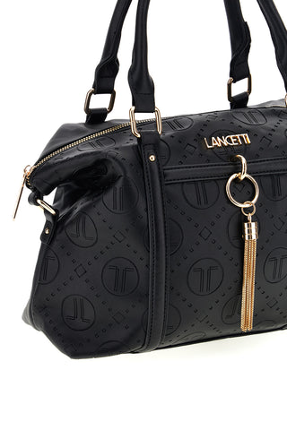 Borsa a mano nera con motivo logato e charm dorato Lancetti LL26W-101-2
