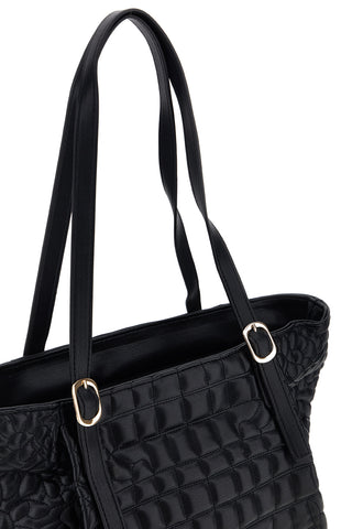 Borsa shopping nera trapuntata con fibbie e logo metallico Lancetti LL26W-104-2