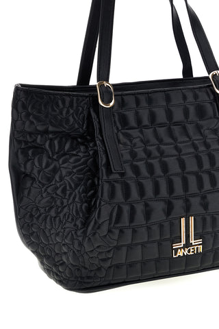 Borsa shopping nera trapuntata con fibbie e logo metallico Lancetti LL26W-104-2