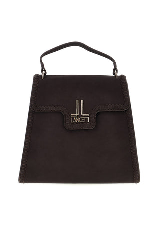 Borsa a mano marrone con patta, bordi intrecciati e logo metallico Lancetti LL26W-103-1