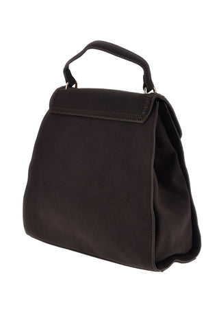 Borsa a mano marrone con patta, bordi intrecciati e logo metallico Lancetti LL26W-103-1