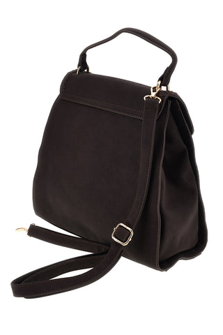 Borsa a mano marrone con patta, bordi intrecciati e logo metallico Lancetti LL26W-103-1