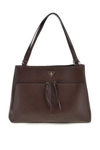Braune Umhängetasche mit Fronttaschen und goldener Logo-Plakette von Guido Vietri, K30,377,B020