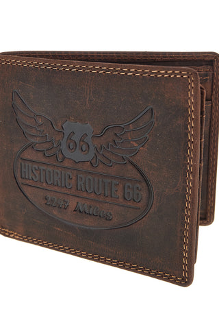 Portafoglio marrone in vera pelle con portamonete e logo in rilievo Route 66 1916/ROAD2