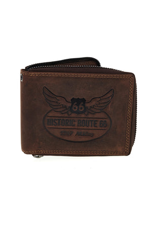 Portafoglio marrone in vera pelle con zip e catena Route 66