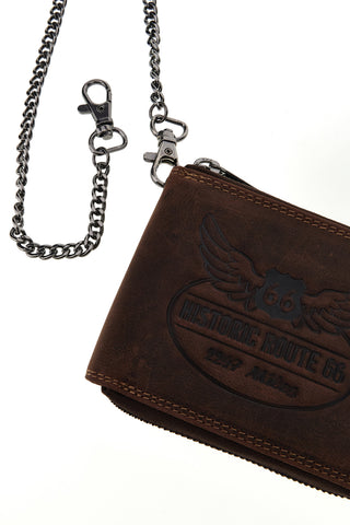 Portafoglio marrone in vera pelle con zip e catena Route 66