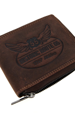 Portafoglio marrone in vera pelle con zip e catena Route 66