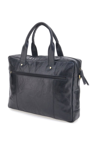 Schwarze Leder Aktentasche mit Reißverschluss und Schulterriemen Nbg 333-1