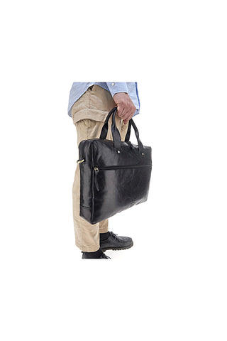 Schwarze Leder Aktentasche mit Reißverschluss und Schulterriemen Nbg 333-1