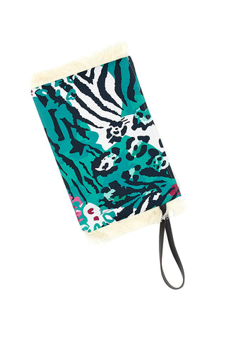 Pochette mare con fantasia tropical animalier verde con frange Basile BA26413