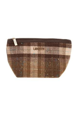 Busta marrone in tessuto a quadri con zip e logo metallico Lancetti LL26W-401-1