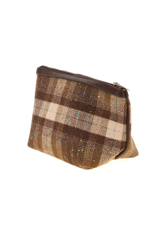 Busta marrone in tessuto a quadri con zip e logo metallico Lancetti LL26W-401-1