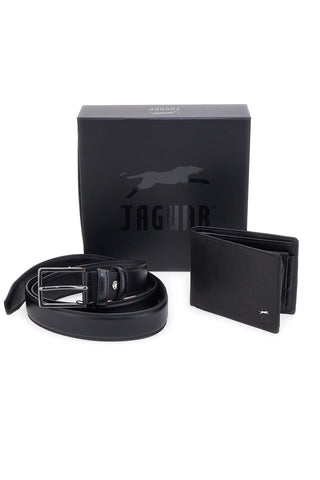 Jaguar PR001-1 Schwarzes Echtleder-Gürtel- und Geldbörsen-Set
