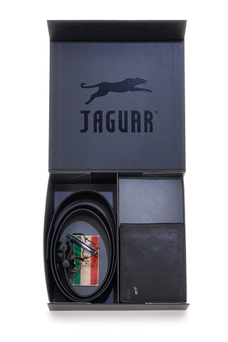 Jaguar PR001-1 Schwarzes Echtleder-Gürtel- und Geldbörsen-Set
