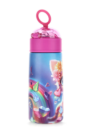 Bunte Thermosflasche mit Strohhalm SJ Girl Katze