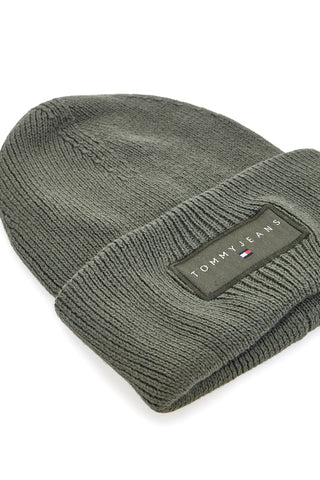 Tommy Jeans Linear Beanie, grüne Strickmütze mit Logo