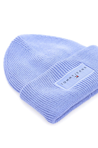 Tommy Jeans Linear Beanie aus lila Strick mit Logo