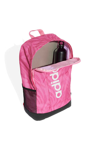 Pinkfarbener Rucksack mit Tiermuster und vertikalem Logo Adidas LIN G BPK W